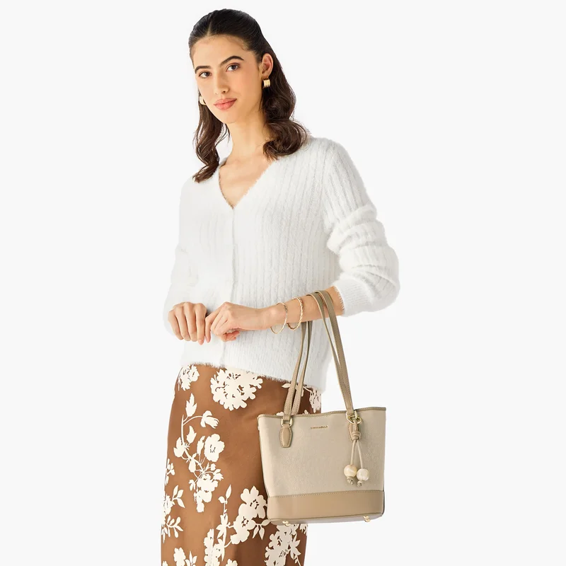 CHRISBELLA Textured Tote Bag in Beige with Pouch for Women